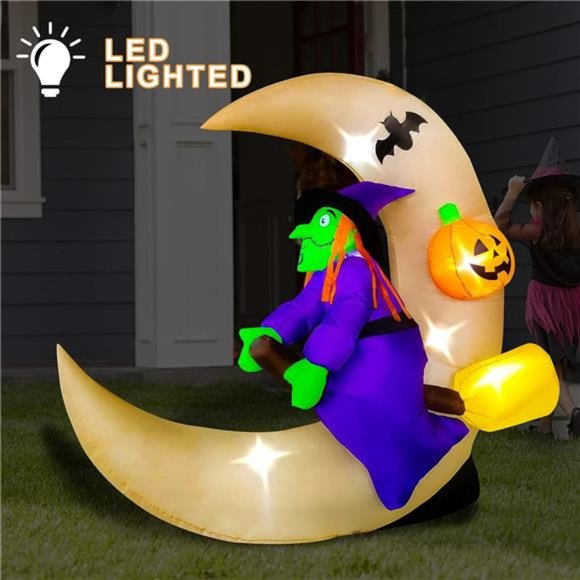 4.6ft Long Halloween Inflatable Witch Sitting on The Moon Decoration, LED - Picture 3 of 6
